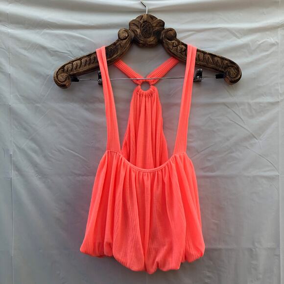 Free People Neon Coral Crop Top Ring Halter Front Retro 70's Medium - Picture 2 of 9